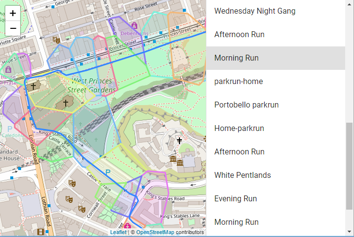 Running route with postcode areas highlighted