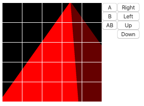 My test bench shows a red pyramid on the display, and has one button for each input you can give the micro:bit, including the two buttons and the tilt gestures