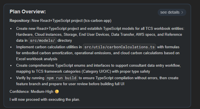 Confidence output from Devin Devin's confidence output showing it has medium to high confidence in the requested task.