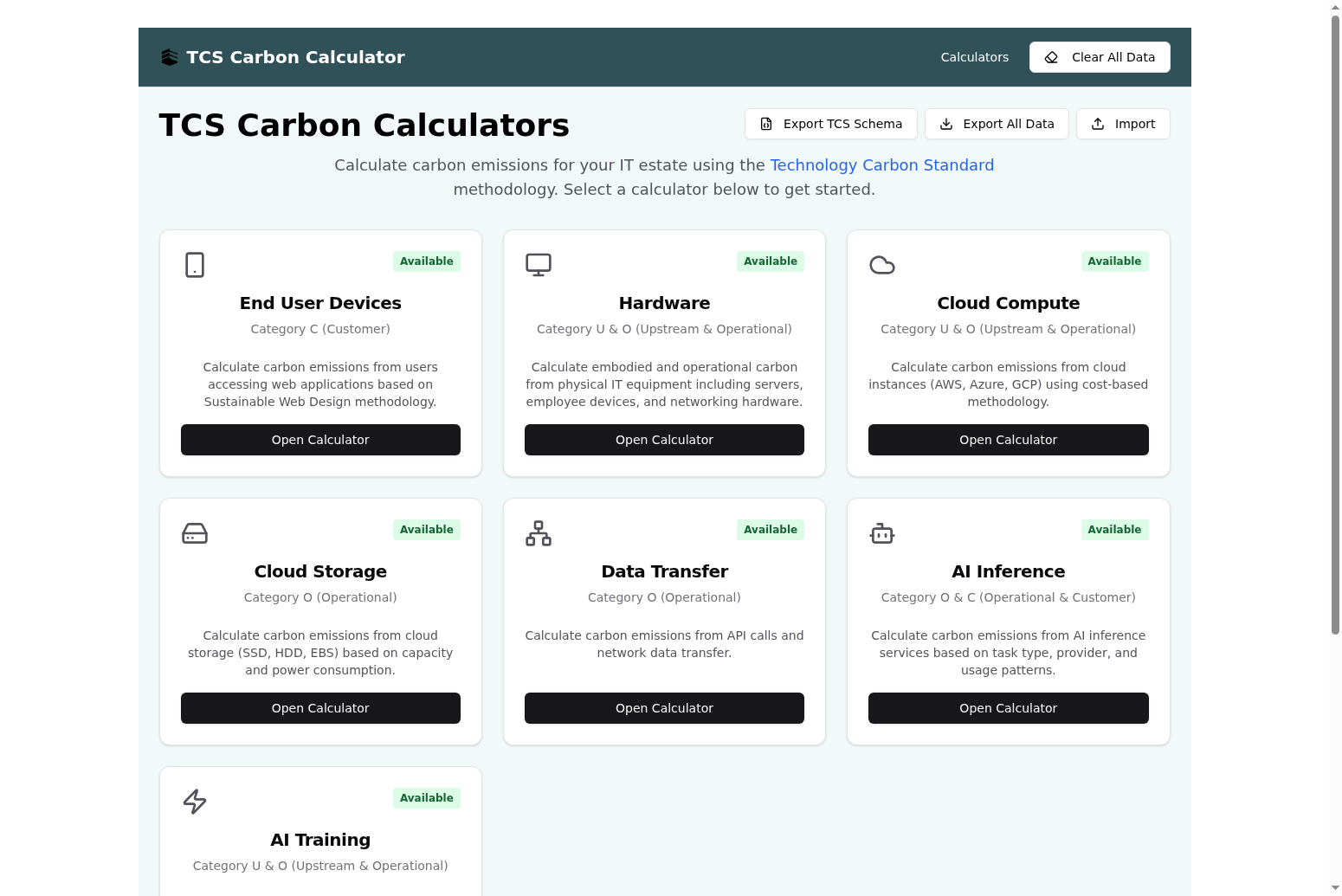 Branded calculator homepage Calculator homepage UI with TCS branding